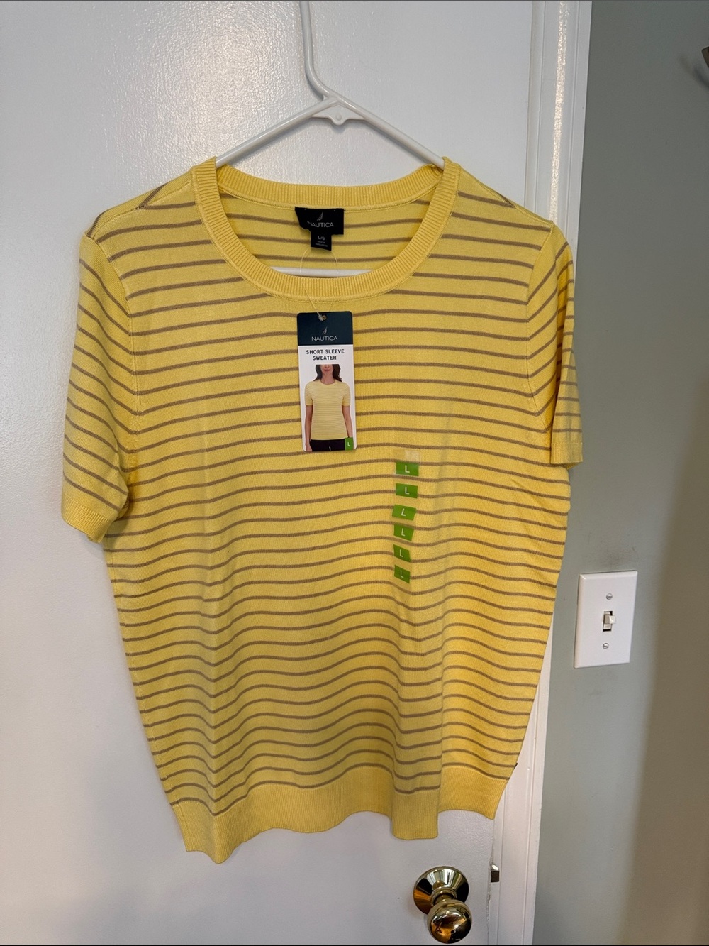 Nautica Yellow with Gray Stripe Short Sleeve Crewneck Sweater